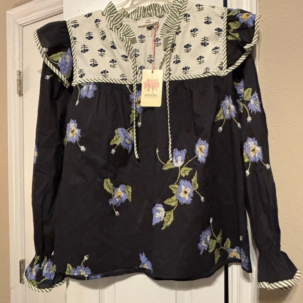 Entro Black Blouse with Blue and Green Floral Embroidery